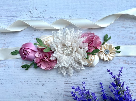 Ivory Handmade Flowers Bridal Belt,Wedding Belt, Girl Sash,Beaded