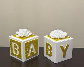 Glitter Foam Baby Blocks with Flowers, Baby Shower Decoration (Set of 2)