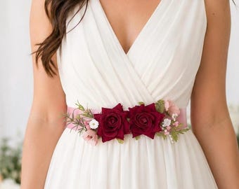 Red and Pink Rose Floral Bridal Sash Belt with Greenery, Wedding Sash