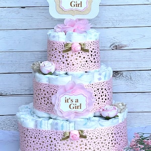 It&#39;s a Girl Diaper Cake , Princess Diaper Cake Girl , Pink Gold Diaper Cake Baby Shower Girl ,Table Centerpieces , Baby Shower Decoration