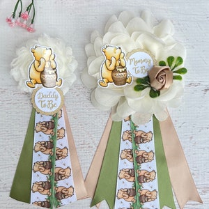 Classic Winnie The Pooh Corsage, Classic Winnie The Pooh Baby Shower Pin Mommy to be Ribbon Mom and Dad Pins Mommy Corsage Sage Classic Pooh