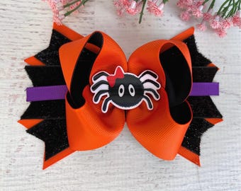 Araña pelo arco Halloween pelo arco naranja negro pelo arco grande pelo arco Halloween clip chica pelo arco