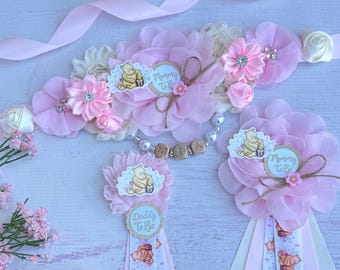Classic Pooh Baby Shower Maternity Sash Girl, Mommy Daddy Pins