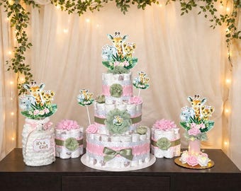 Safari Baby Shower Diaper Cakes Set: Jungle Animals Centerpieces