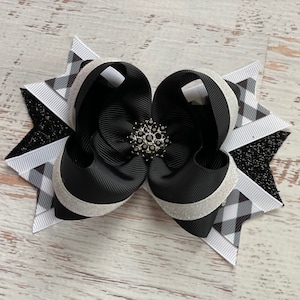 Black White Plaid Hair Bow Holiday Hair bow Christmas bow Black and White Over The Top Hair Bow Buffalo Plaid Hair Bow