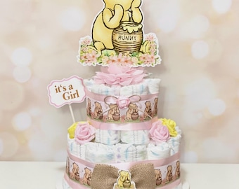 Classic Winnie the Pooh Diaper Cake ,2 tier Pooh Baby Shower Centerpiece