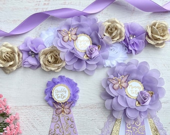 Butterfly Baby Shower Maternity Sash ,Purple / Pink Butterfly Corsages , Mom and Dad Pins