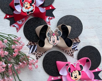 Minnie Mouse Ears Safari Hair Bow,Red Minnie Mouse Hair Bow,Animal Print Mouse Hair Bow,Mouse Safari Bow ,Mouse Ears hair clip