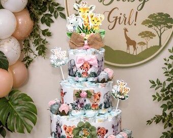 4 tier Safari Diaper Cake Girl Safari Table Centerpieces Safari Baby Shower Decor Jungle Safari  Baby Shower Girl