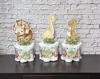 Dinosaur Diaper Cakes Set of 3 Dinosaur  Diaper Cakes Table Centerpieces, Dinosaur Gender Neutral Baby Shower Centerpieces Mini Diaper Cakes