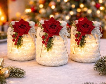 Christmas Table Centerpiece Jar, Red Rose & Pine Holiday Decor, Vase with fairy Lights