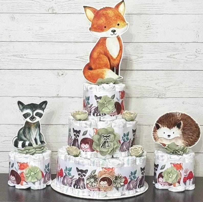 Woodland Baby Shower Diaper Cake Set, Forest Animals Centerpiece - Etsy