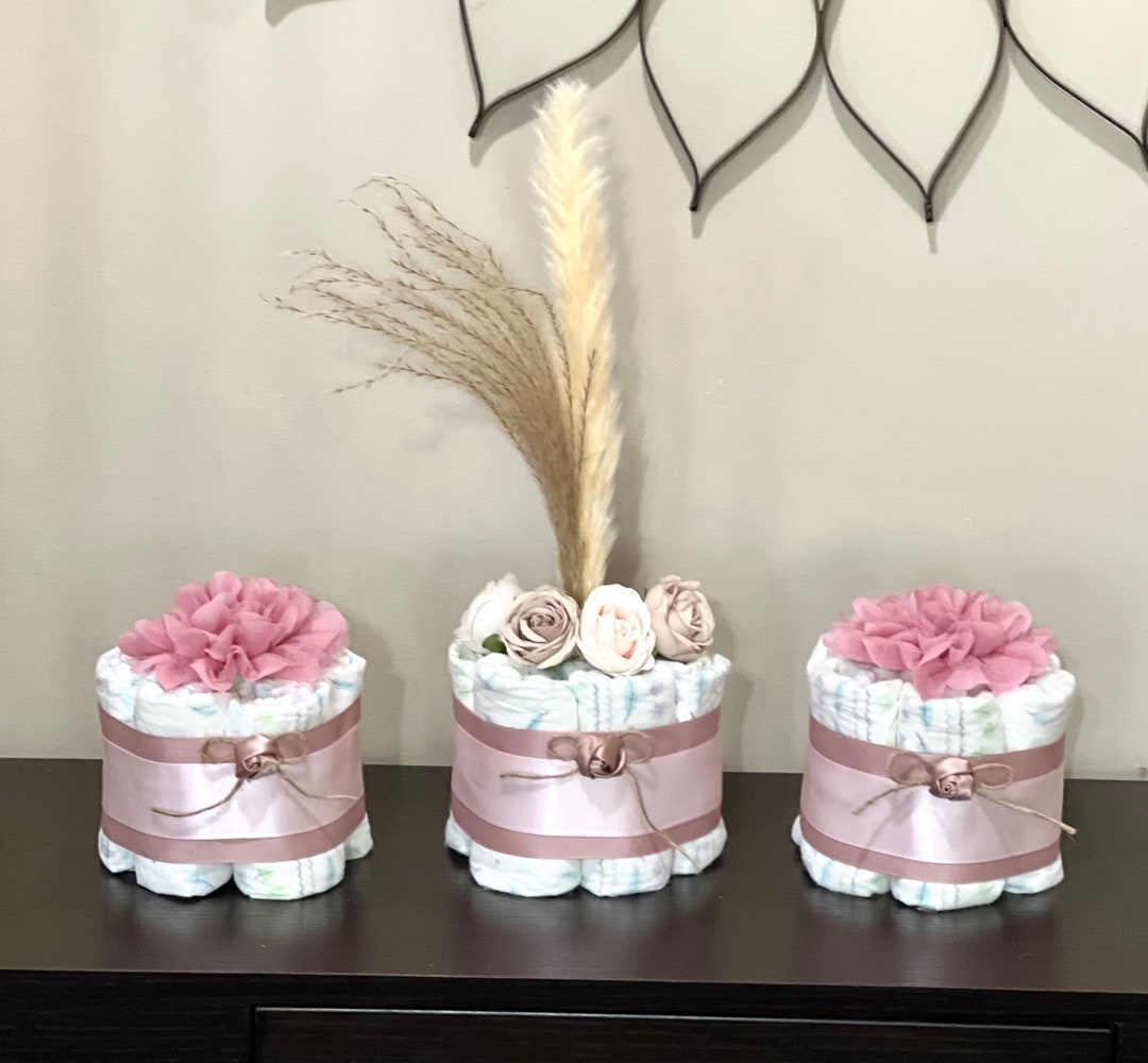 Pink Boho Baby Shower Diaper Cake Girl Set of 3 Boho Pampas Grass Baby ...