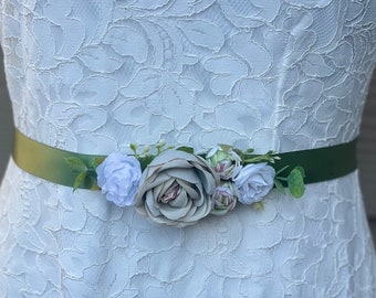 Cream Sage Flower Girl Sash Belt ,Wedding Sash ,Girl Sash , Ivory Sage Flower Sash Belt for Toddlers /Girls, Girl Sash Belt