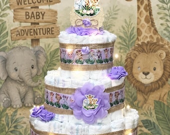 Purple Safari Diaper Cake Girl With Fairy Light Jungle Safari Baby Shower Girl Centerpieces Baby Shower Decoration Baby Shower Gift