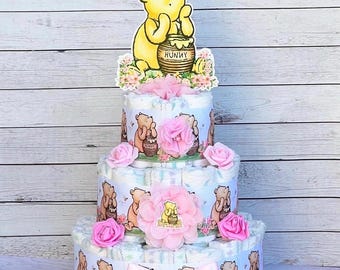 Classic Pooh Diaper Cake,  Gender Neutral / Girl/ Boy Baby Shower Centerpiece, Choose Color