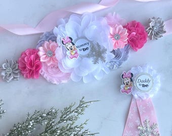 Winter Baby Minnie Maus Baby Shower Mutterschaft Schärpe, Mama Papa Familie Corsage Pins