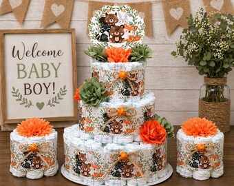 Set of 3 Woodland Baby Shower Diaper Cake Boy Woodland Centerpieces Table Decoration Baby Shower Boy Woodland Baby Shower Decoration