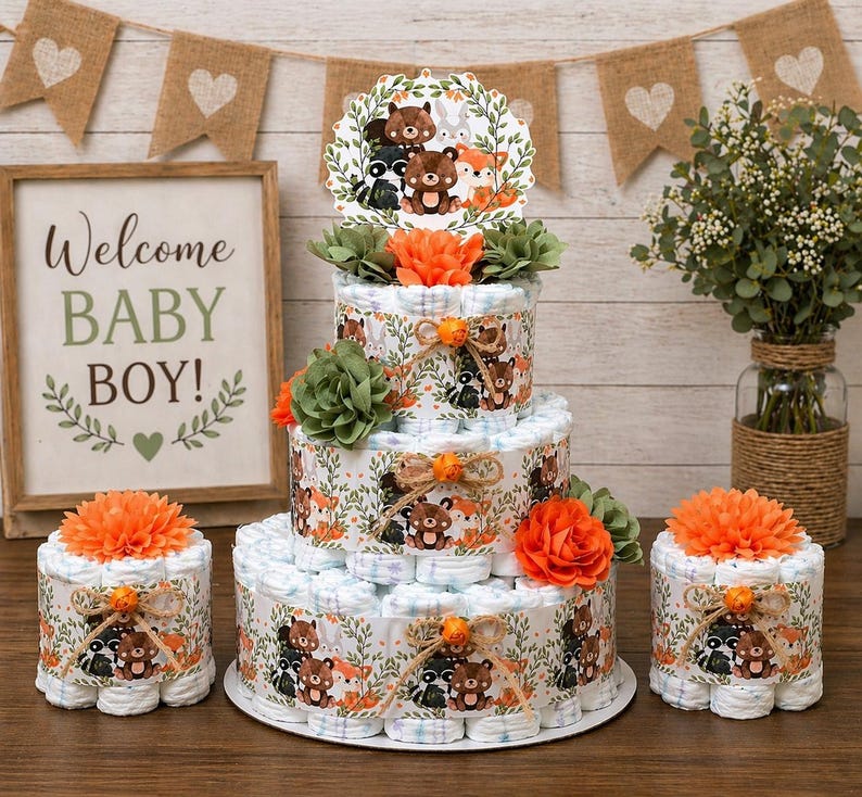 Set of 3 Woodland Baby Shower Diaper Cake Boy Woodland Centerpieces ...