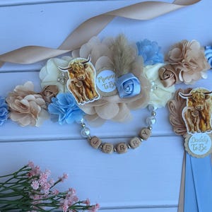 Highland Cow Baby Shower Sash , Boho Cow Maternity Sash ,Pregnancy Sash ,Highland Baby Shower Boy ,Mommy to be Sash ,Cow Baby Shower Pins