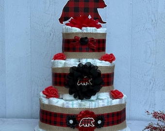Lumberjack Diaper Cake Baby Shower,Buffalo Plaid Bear  Baby Shower Centerpieces ,Baby Shower Gift ,Baby Shower Decoration, Bear Diaper Cake