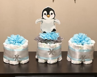 Set of 3 Penguin Baby Shower Diaper Cake Boy Winter Penguin Centerpieces Table Decor Baby Shower Boy Baby Shower Gift Shower Decoration