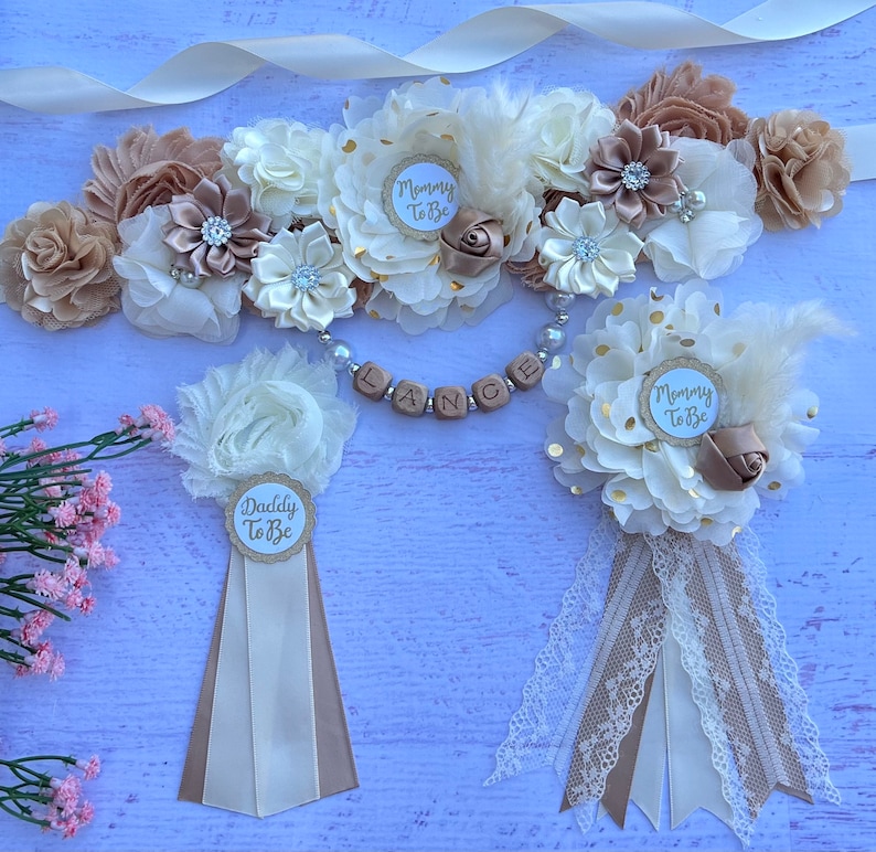Boho Baby Shower Graviditetsband, Mamma Pappa och Familjenålar: Välj färg Brun