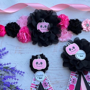 Pink Jack O Lantern Baby Shower Sash , Jack O lantern Maternity Sash, Pink Pumpkin Baby Shower Sash, Halloween Maternity Sash