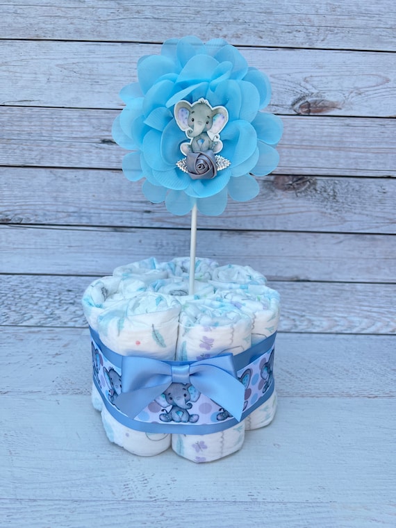Blue Elephant Baby Shower Diaper Cake, Mini Diaper Cake Baby Boy