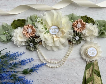 Greenery Baby Shower Sash, Greenery Maternity Sash , Sage Gold Cream Baby Shower Sash ,Pregnancy Sash ,Mommy Sash , Greenery Sash Belt