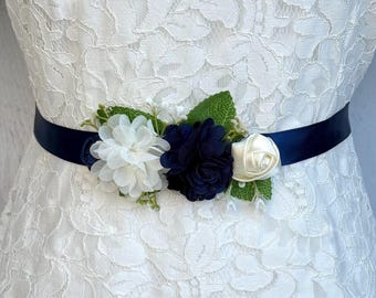 Ceinture bleu marine à fleurs pour fillettes, accessoire de robe de mariée pour tout-petits