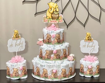 Set of 3 Classic Pooh Baby Shower Diaper Cake Girl Classic Pooh Centerpieces Table Decor Baby Shower Girl Baby Shower Gift Shower Decoration