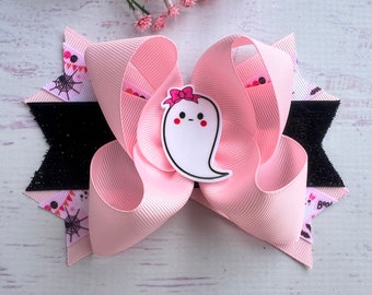 Lazo de pelo fantasma, arco de pelo de Halloween, clip de pelo fantasma rosa, arcos de pelo fantasma, arco de pelo de niña, arco de pelo grande