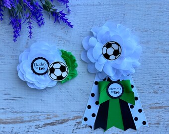 Soccer Baby Shower Soccer Mommy To Be Corsage ,Baby Shower pin, Baby Shower Corsage ,Daddy pin, Mommy to be Ribbon, Soccer Corsage