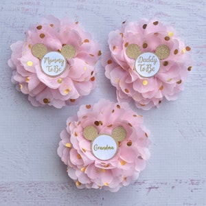 Minnie Mouse Baby Shower Pins Baby Shower Girl Family Pins Mom and Dad Pins Pink Gold Minnie Baby Shower Baby Shower Corsages Grandma Pin