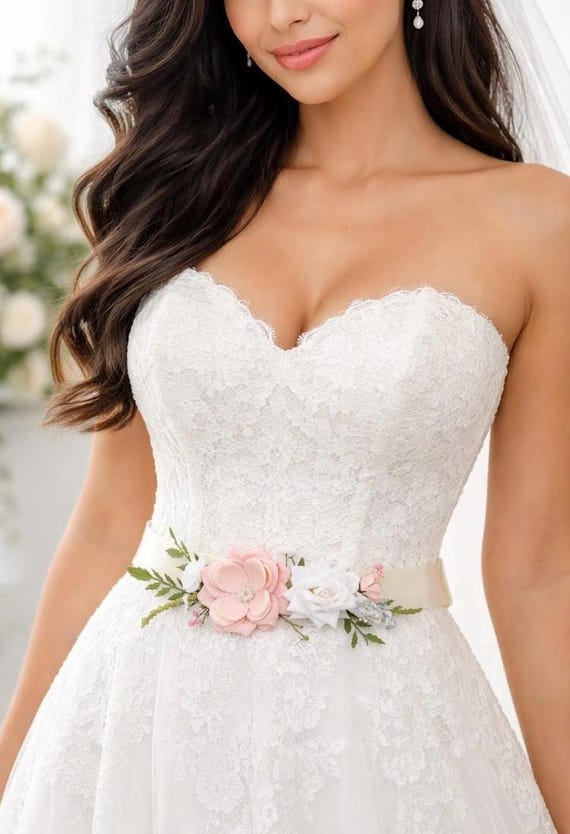 Wedding Dress Sash Floral Bridal Belt Floral Lace Beaded Sash Belt #4065