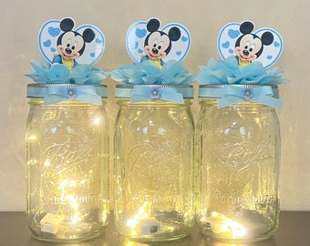 Mickey or Minnie Mouse Mason Jars Baby Shower Decoration With Fairy Lights Set of 3 Baby Shower Centerpieces  Birthday Decor