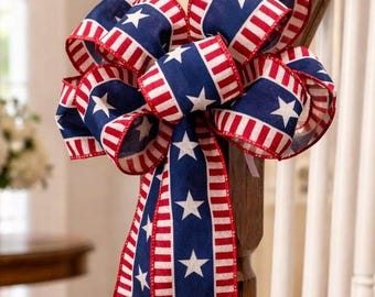 Patriotic Wired Ribbon Bow, 4th of July Wreath Accent, Staircase Decor