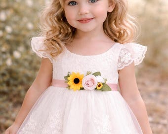 Écharpe de fleur tournesol fille | Ceinture florale pour toute-petite et fille | Accessoire de mariée pour robe de mariée