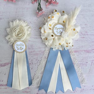 Boho Dusty Blue Baby Shower Corsage Boho Dusty Blue Baby Shower Pin Mommy Corsage Mom And  Dad To Be Pins Baby Shower Boy Boho Baby Shower