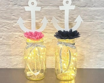 Nautical Baby Shower Centerpieces with Fairy Lights Mason Jar Decorations Girl /Boy Anchor Baby Shower Decor