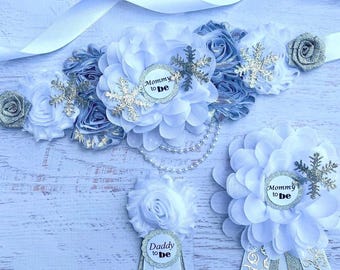 Silver White Snowflake Baby Shower Sash, Snowflakes Maternity Sash,Pregnancy Sash ,White /Silver Maternity Sash ,Snowflake Mommy To be Sash