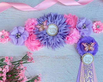 Pink Purple Butterfly Baby Shower Maternity Sash Girl , Baby Shower Pins