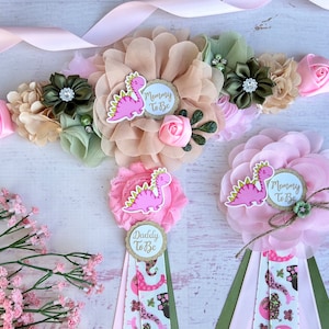 Girl Dinosaur Baby Shower Sash Dinosaur Maternity Sash Mom to be Sash Pregnancy Sash Dino Maternity Sash Baby Shower Girl Baby Shower Pins