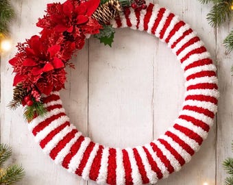 14” Christmas Chunky Yarn Wreath , Red and White Holiday Décor