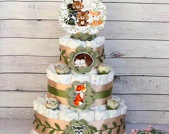 Woodland Baby Shower Diaper Cake Centerpiece, 3-Tier Decoration