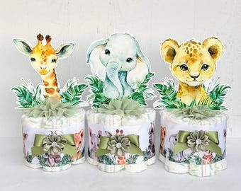 Safari Baby Shower Diaper Cakes, Set of 3 Boy or Girl Jungle Safari Centerpieces