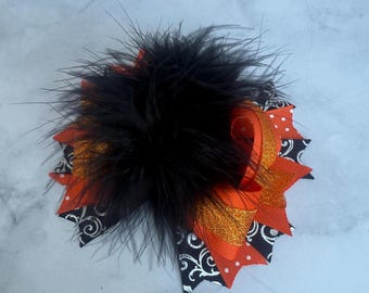 Halloween Hair Bow: Black & Orange Grosgrain Ribbon, Feather Accent