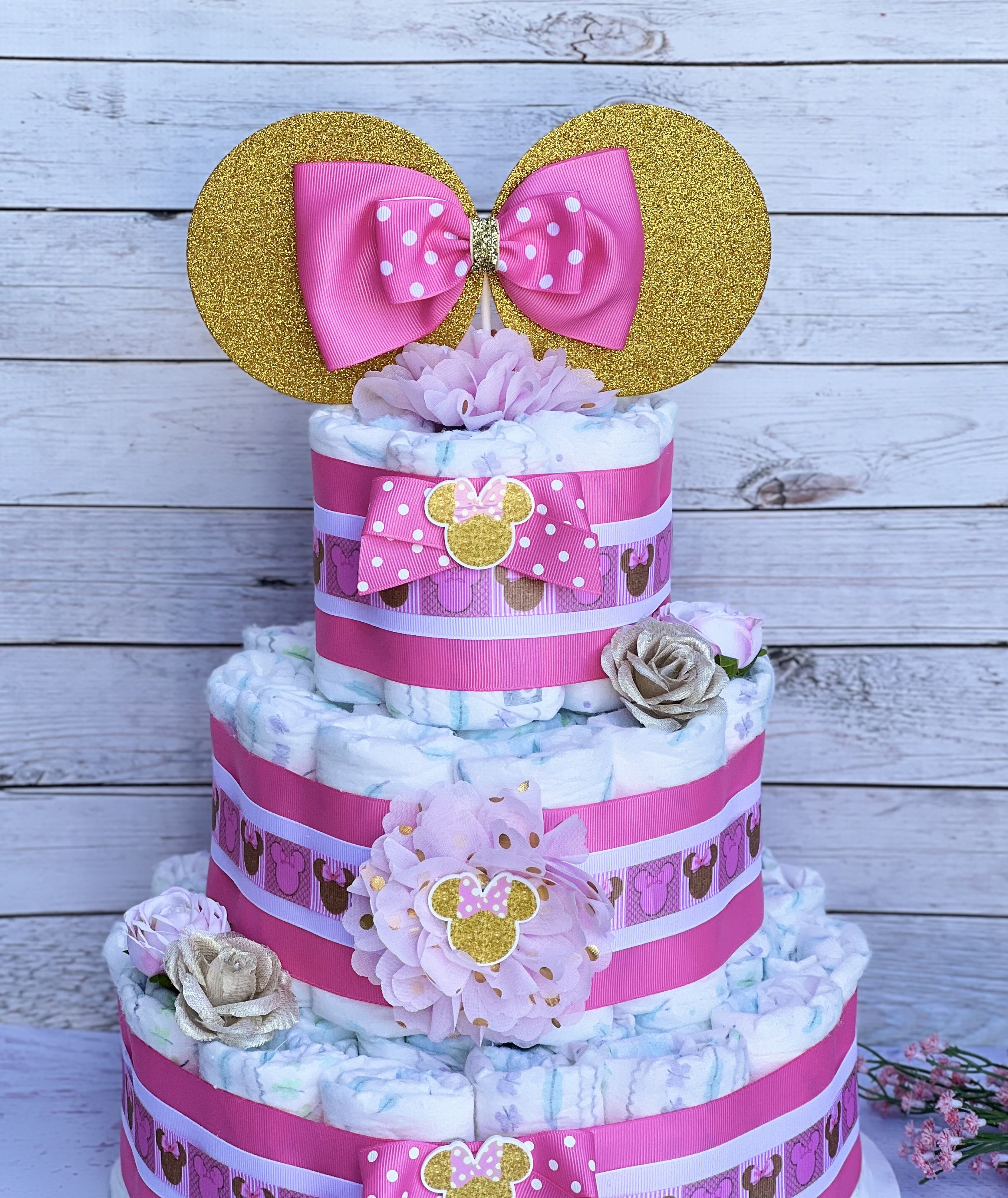Minnie Mouse Baby Shower Diaper Cake Pink Gold Minnie Diaper Cake Baby ...