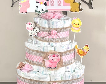 Farm Baby Shower Diaper Cake ,Farm Diaper Cake Girl ,Baby Shower Gift, Barn Diaper Cake  Baby Shower Decoration, Shower Table Centerpiece